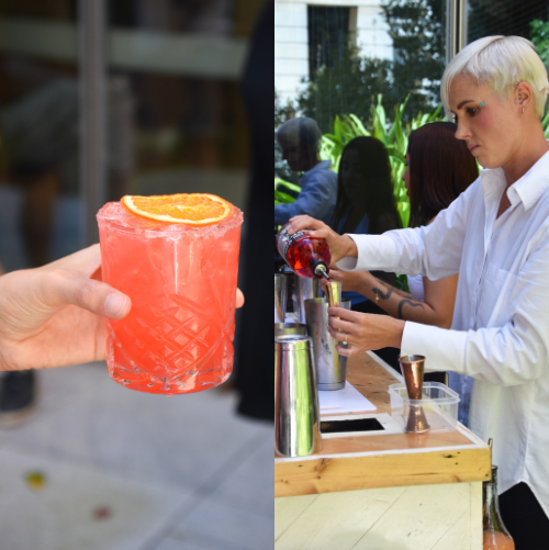 Bartender preparing cocktails with orange garnish